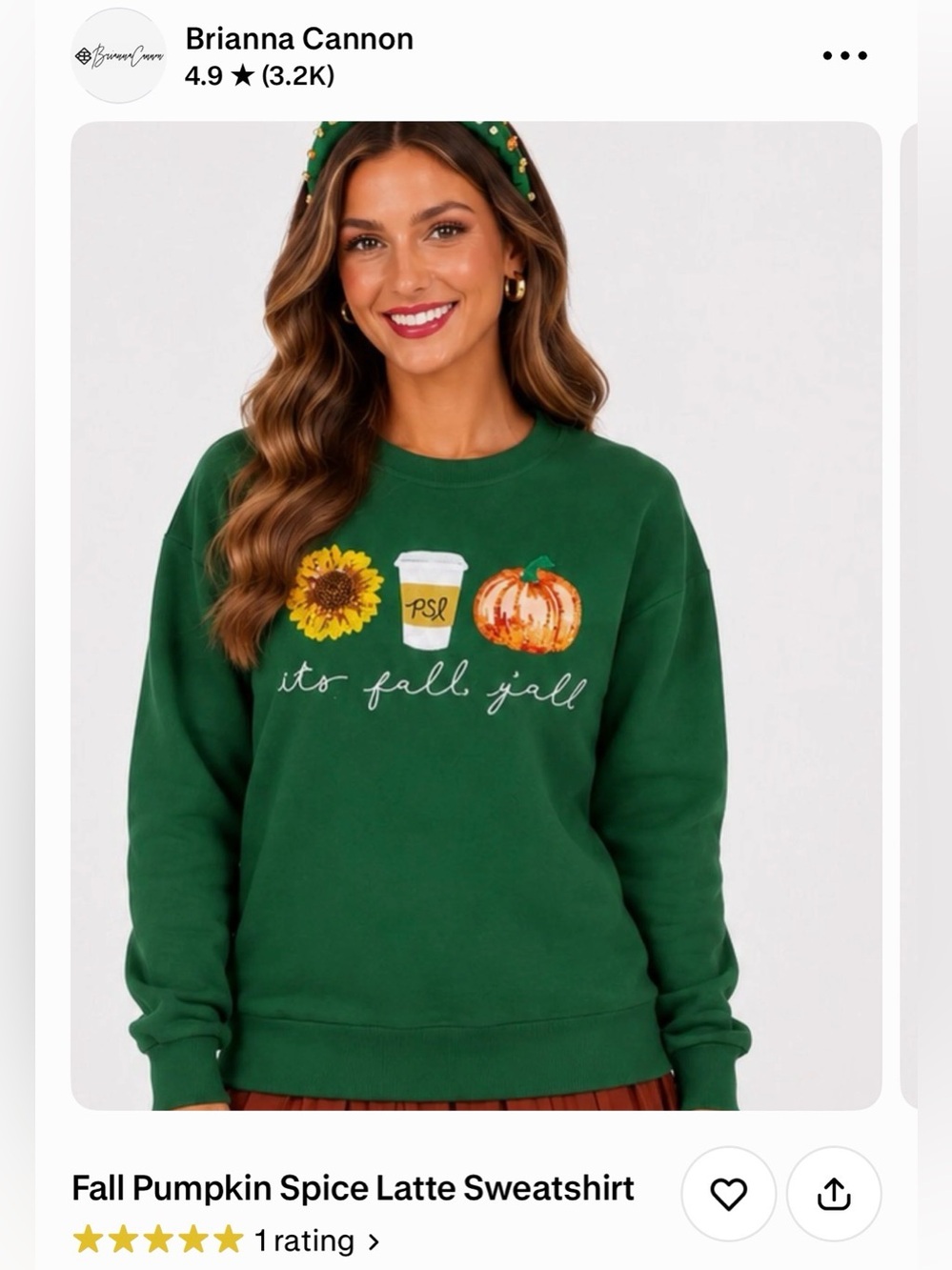 Briana Cannon, Green 'It's Fall Y'all' sequin Pumpkin Spice Sweatshirt, NWT, sm
